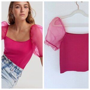 NWT House of Harlow Pink Short Sleeve Puffer Peacock Shirt Sz S